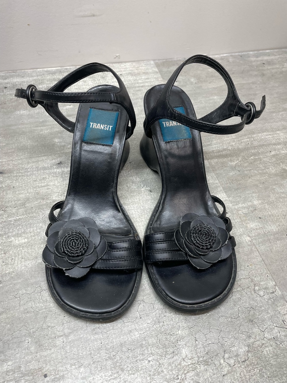 Transit Black Leather Ankle-Strap Heels with Floral Accent